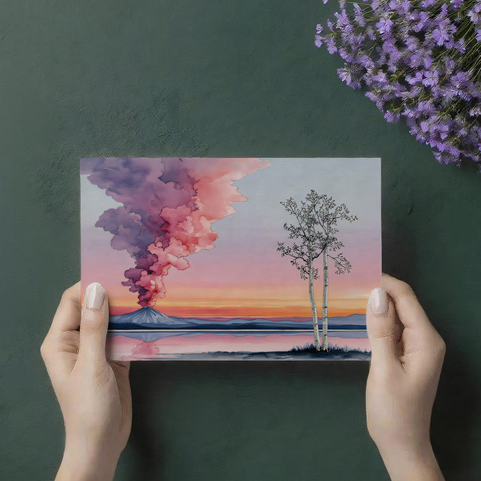 Sunset Reflection Peak Wall Mural | Pastel Watercolor Landscape & Serene Lakeside Birch Decor