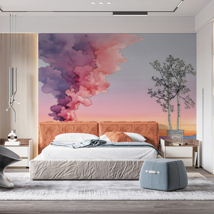 Sunset Reflection Peak Wall Mural | Pastel Watercolor Landscape & Serene Lakeside Birch Decor