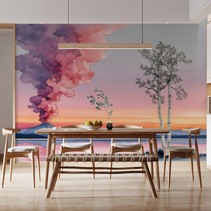 Sunset Reflection Peak Wall Mural | Pastel Watercolor Landscape & Serene Lakeside Birch Decor