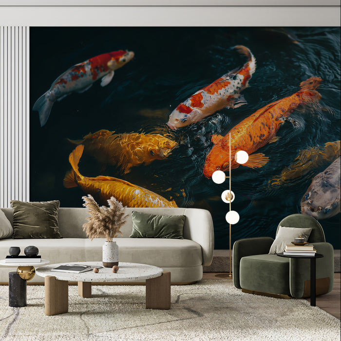 Vibrant Koi Pond Fluidity Wall Mural | High-Detail Realistic Marine Life & Serene Water Movement