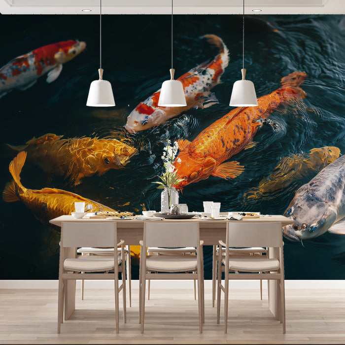Vibrant Koi Pond Fluidity Wall Mural | High-Detail Realistic Marine Life & Serene Water Movement