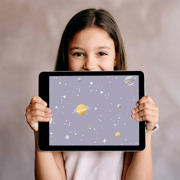 Pastel Space Adventure Wall Mural | Whimsical Hand-Drawn Galaxy & Planet Nursery Decor