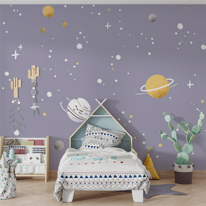Pastel Space Adventure Wall Mural | Whimsical Hand-Drawn Galaxy & Planet Nursery Decor
