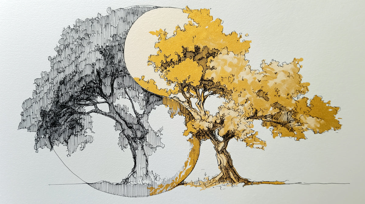 Yin-Yang Tree of Life Wall Mural | Artistic Harmony Sketch & Gold Leaf Textured Garden Art