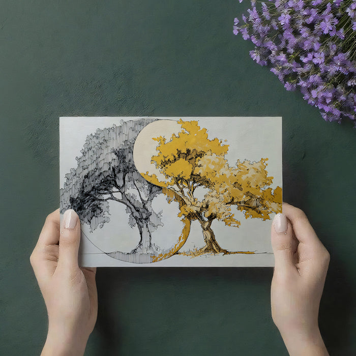 Yin-Yang Tree of Life Wall Mural | Artistic Harmony Sketch & Gold Leaf Textured Garden Art