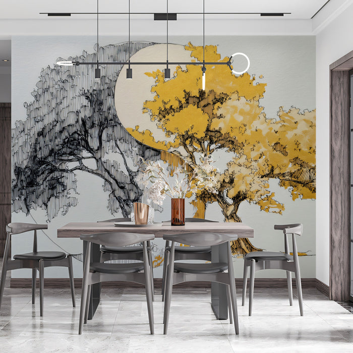 Yin-Yang Tree of Life Wall Mural | Artistic Harmony Sketch & Gold Leaf Textured Garden Art