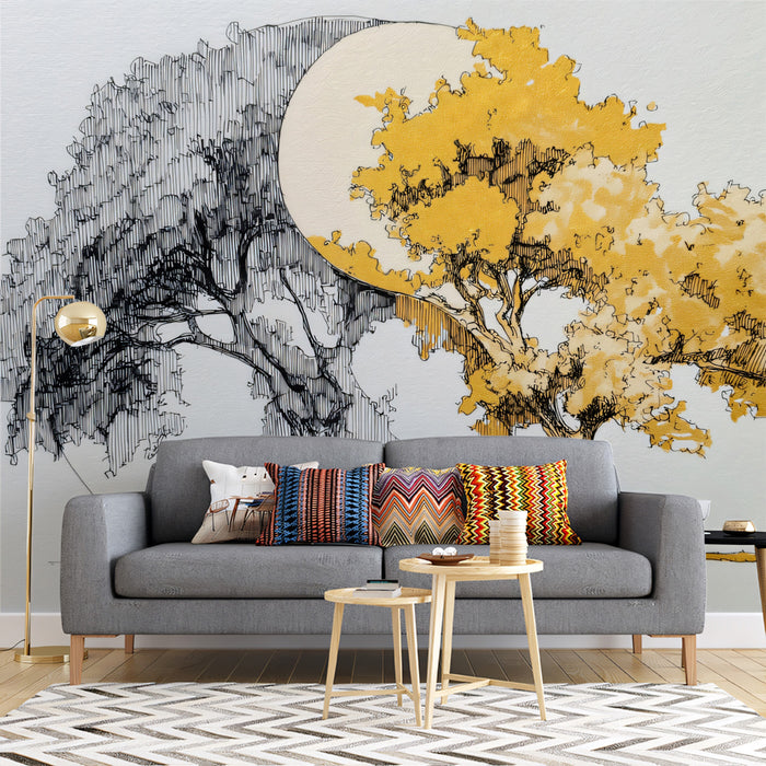 Yin-Yang Tree of Life Wall Mural | Artistic Harmony Sketch & Gold Leaf Textured Garden Art