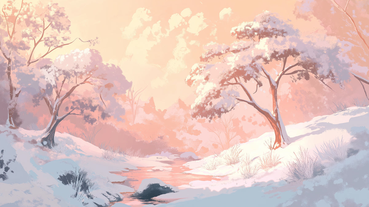 Peach Blossom Winter Stream Wall Mural | Serene Anime Style & Pastel Snowscape Landscape
