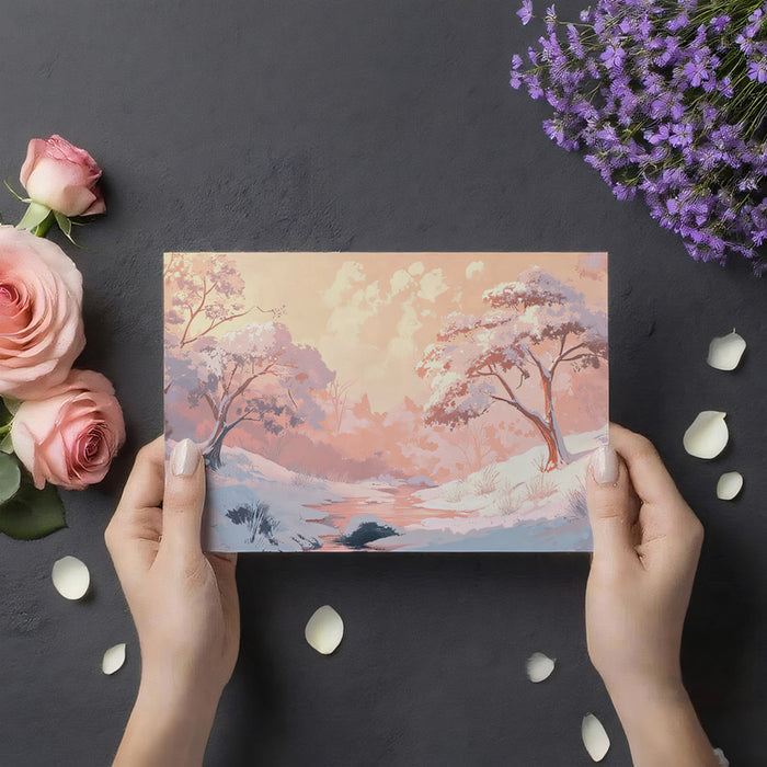 Peach Blossom Winter Stream Wall Mural | Serene Anime Style & Pastel Snowscape Landscape
