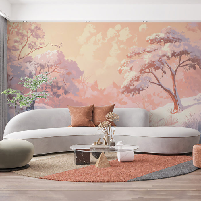 Peach Blossom Winter Stream Wall Mural | Serene Anime Style & Pastel Snowscape Landscape