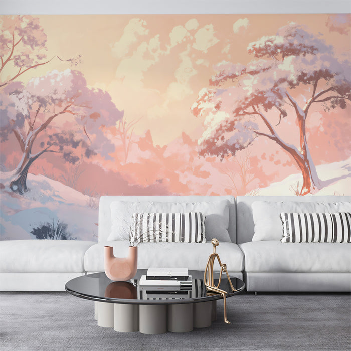 Peach Blossom Winter Stream Wall Mural | Serene Anime Style & Pastel Snowscape Landscape