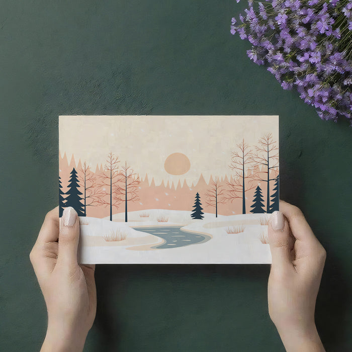 Modern Minimalist Forest Sunset Wall Mural | Clean Vector Landscape & Serene Winter Evening Art