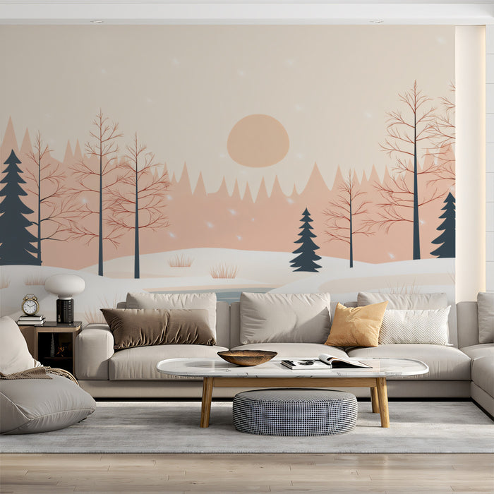 Modern Minimalist Forest Sunset Wall Mural | Clean Vector Landscape & Serene Winter Evening Art