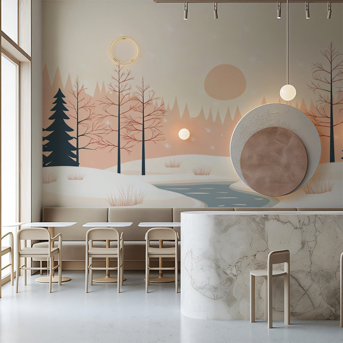 Modern Minimalist Forest Sunset Wall Mural | Clean Vector Landscape & Serene Winter Evening Art