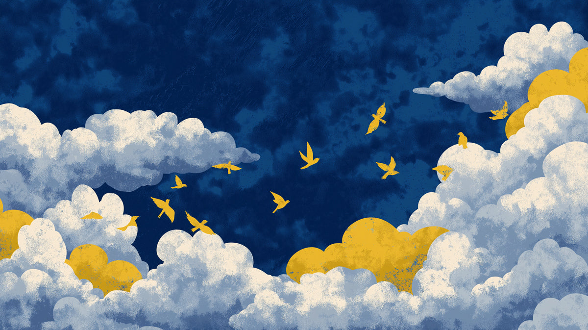 Golden Swallows in Indigo Clouds Wall Mural | Textured Painterly Sky & Dramatic Celestial Adventure Art