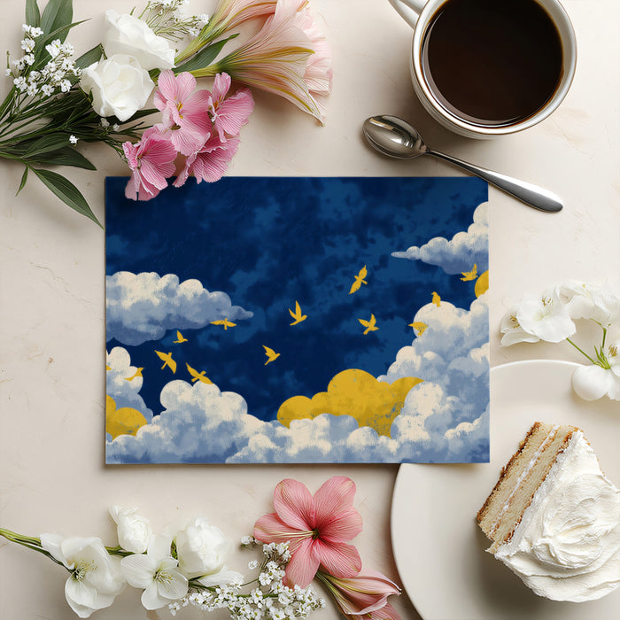 Golden Swallows in Indigo Clouds Wall Mural | Textured Painterly Sky & Dramatic Celestial Adventure Art