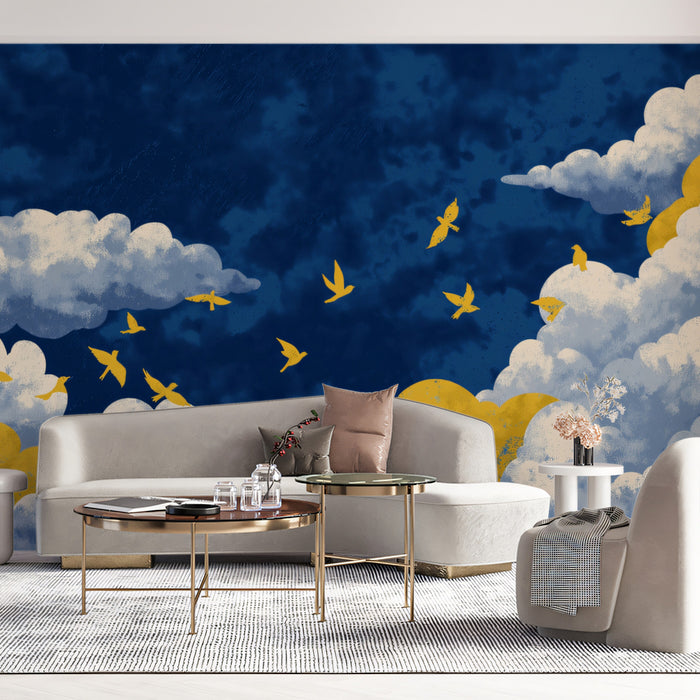 Golden Swallows in Indigo Clouds Wall Mural | Textured Painterly Sky & Dramatic Celestial Adventure Art