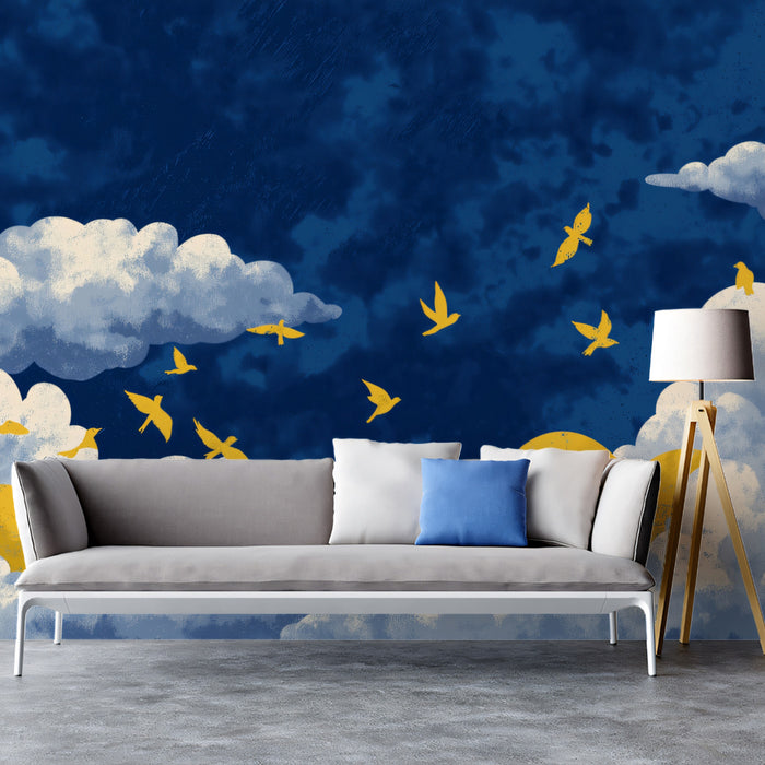 Golden Swallows in Indigo Clouds Wall Mural | Textured Painterly Sky & Dramatic Celestial Adventure Art