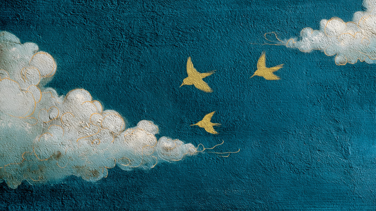 Minimalist Flight Through Teal Mist Wall Mural | Elegant Gold Leaf Style Birds & Serene Textured Sky