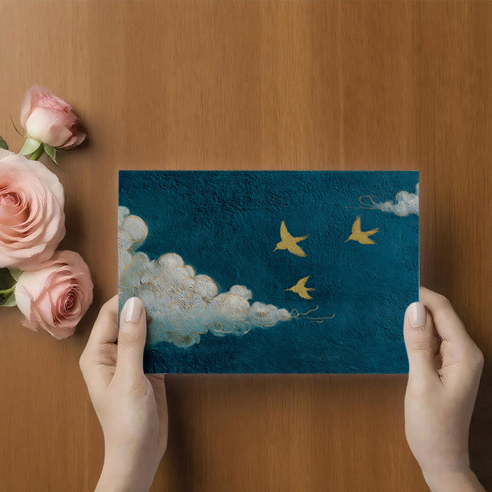 Minimalist Flight Through Teal Mist Wall Mural | Elegant Gold Leaf Style Birds & Serene Textured Sky