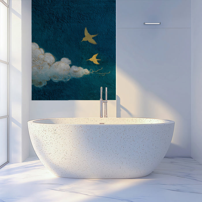 Minimalist Flight Through Teal Mist Wall Mural | Elegant Gold Leaf Style Birds & Serene Textured Sky