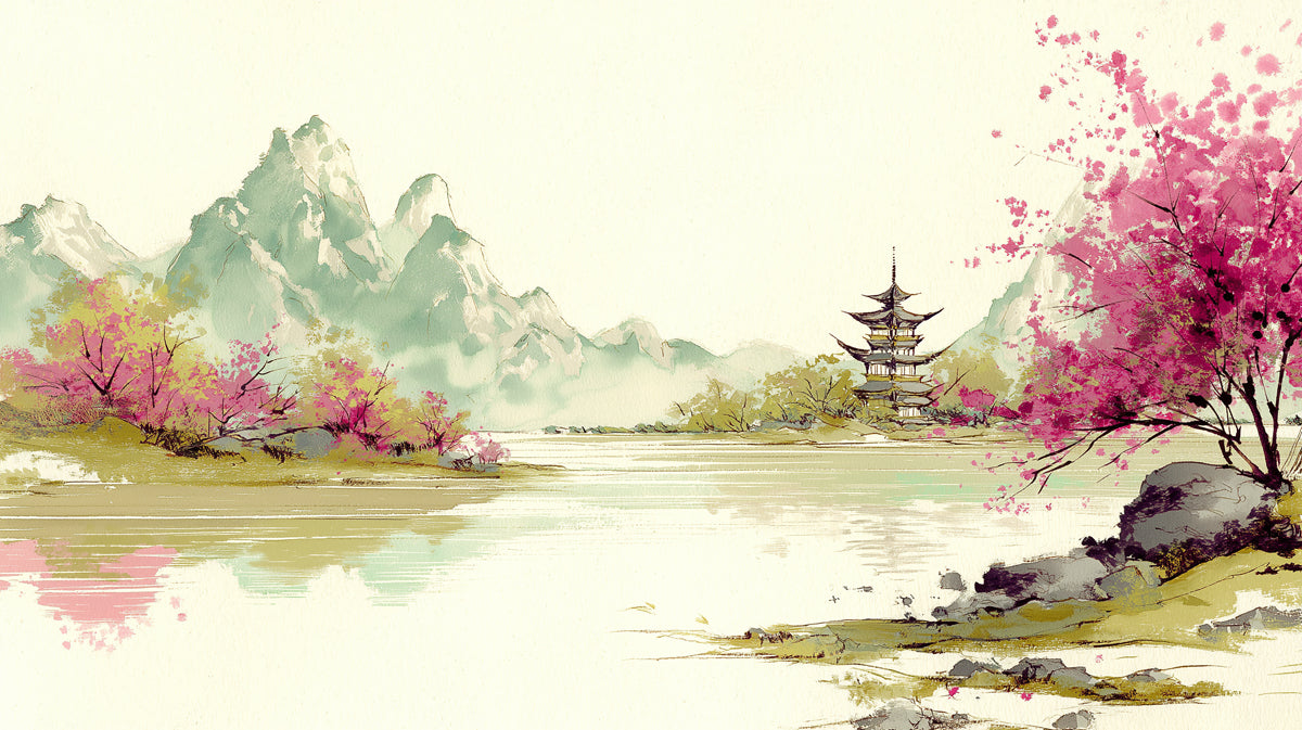 Zen Lake Pavilion Landscape Wall Mural | Traditional Ink Wash with Vibrant Pink Accents Art