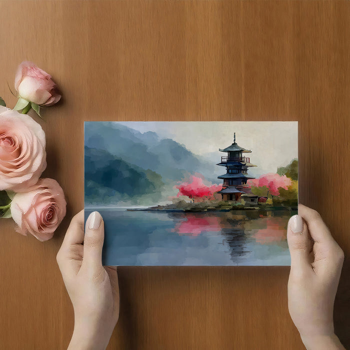 Impressionist Mist Lakeside Pagoda Wall Mural | Dreamy Watercolor Style & Serene Oriental Garden Art