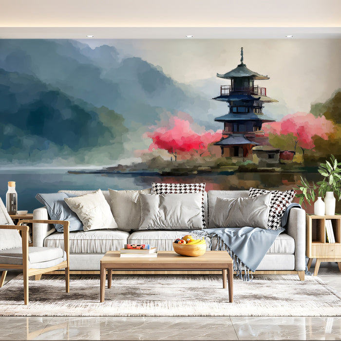 Impressionist Mist Lakeside Pagoda Wall Mural | Dreamy Watercolor Style & Serene Oriental Garden Art