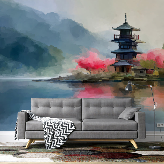 Impressionist Mist Lakeside Pagoda Wall Mural | Dreamy Watercolor Style & Serene Oriental Garden Art