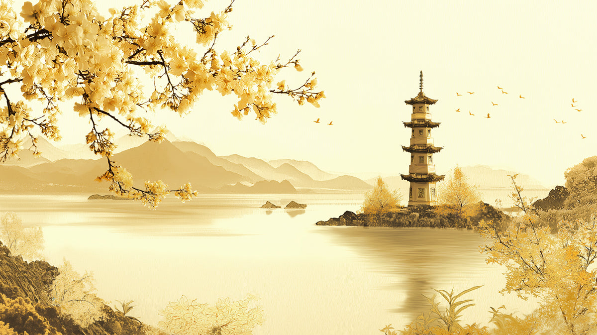 Golden Serenity Pagoda Wall Mural | Traditional Monochromatic Sepia Style & Misty Mountain Lake Art