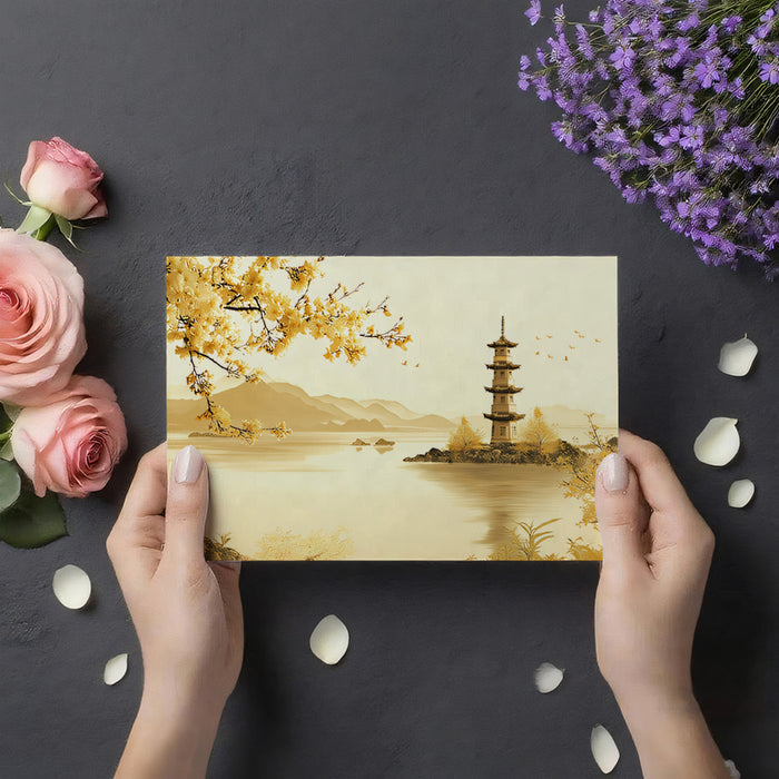 Golden Serenity Pagoda Wall Mural | Traditional Monochromatic Sepia Style & Misty Mountain Lake Art