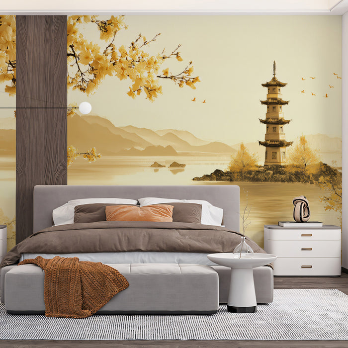 Golden Serenity Pagoda Wall Mural | Traditional Monochromatic Sepia Style & Misty Mountain Lake Art