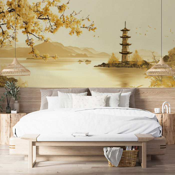 Golden Serenity Pagoda Wall Mural | Traditional Monochromatic Sepia Style & Misty Mountain Lake Art