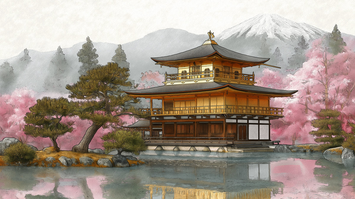 Sacred Mountain Gold Pavilion Wall Mural | Exquisite Oriental Architectural Art & Serene Cherry Blossom Vista