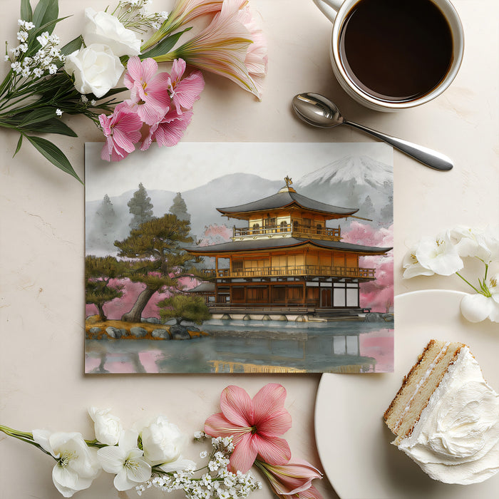 Sacred Mountain Gold Pavilion Wall Mural | Exquisite Oriental Architectural Art & Serene Cherry Blossom Vista