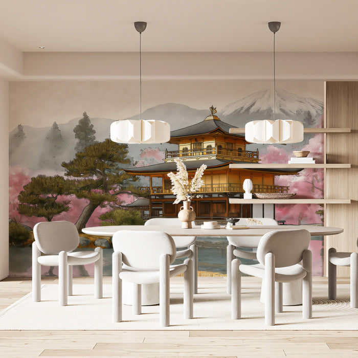 Sacred Mountain Gold Pavilion Wall Mural | Exquisite Oriental Architectural Art & Serene Cherry Blossom Vista