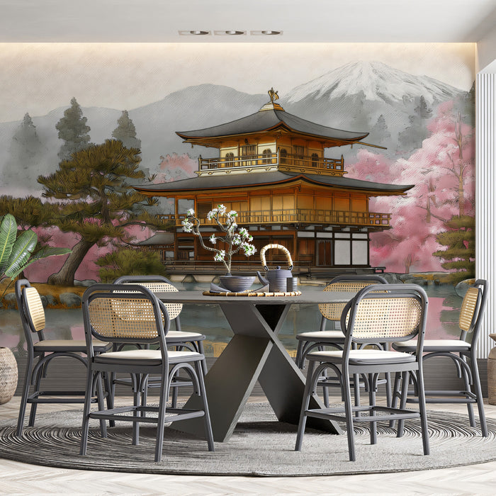 Sacred Mountain Gold Pavilion Wall Mural | Exquisite Oriental Architectural Art & Serene Cherry Blossom Vista
