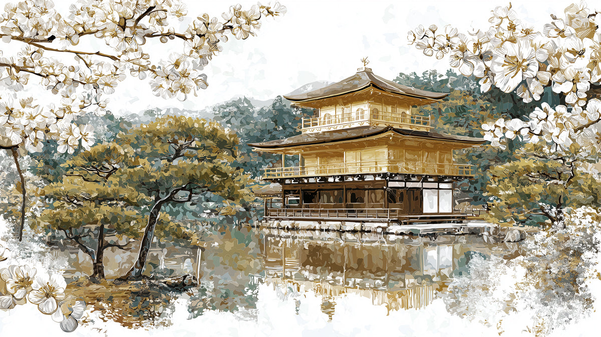 Imperial Gold Pavilion & White Blossom Wall Mural | Classic Luxury Oriental Garden & Serene Forest Reflection