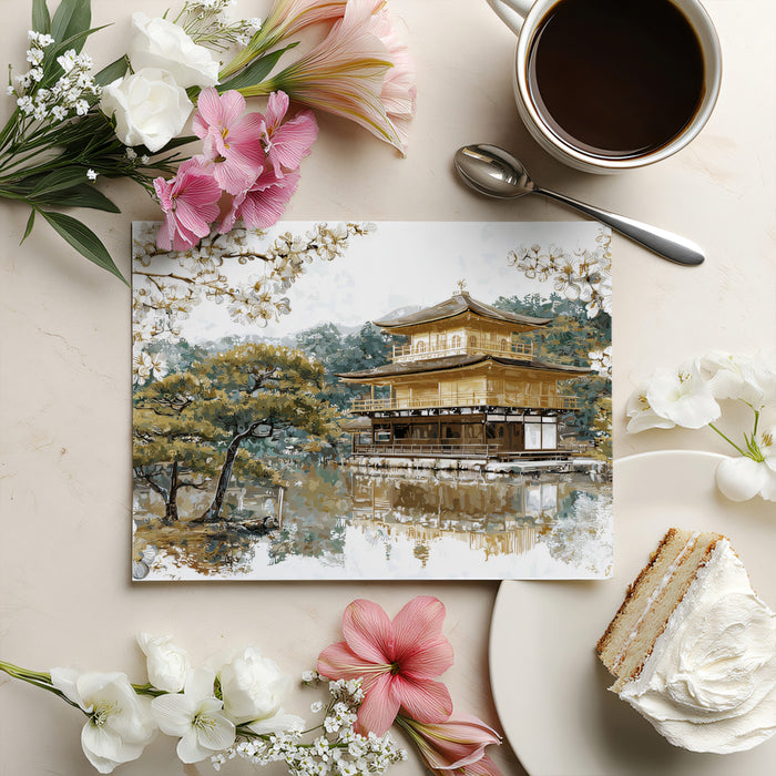 Imperial Gold Pavilion & White Blossom Wall Mural | Classic Luxury Oriental Garden & Serene Forest Reflection