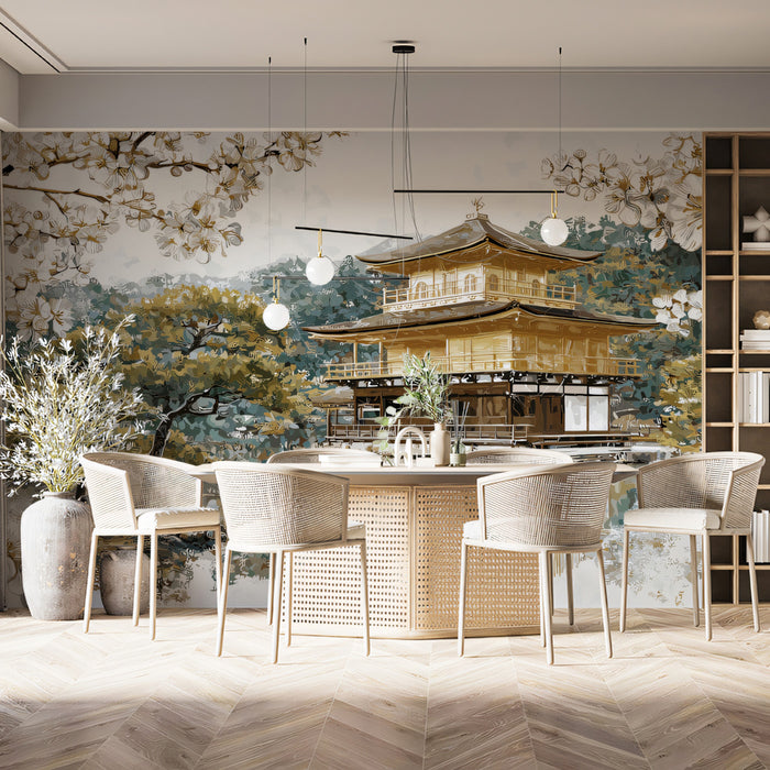 Imperial Gold Pavilion & White Blossom Wall Mural | Classic Luxury Oriental Garden & Serene Forest Reflection
