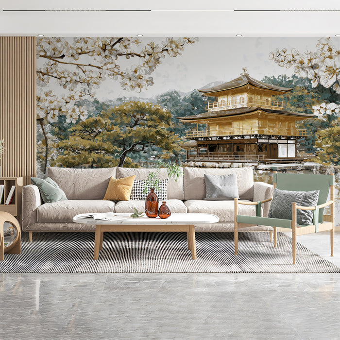Imperial Gold Pavilion & White Blossom Wall Mural | Classic Luxury Oriental Garden & Serene Forest Reflection