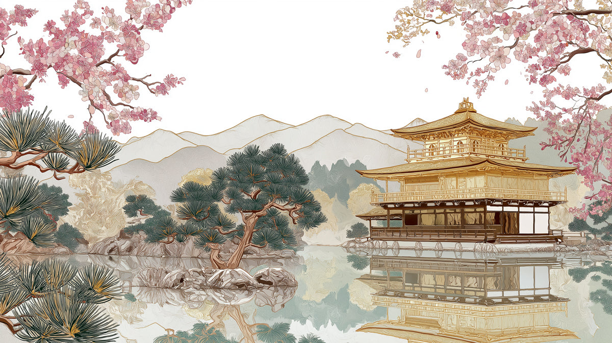 Imperial Gold Pavilion & Pink Blossom Wall Mural | Luxury Oriental Garden & Serene Lakeside Reflection