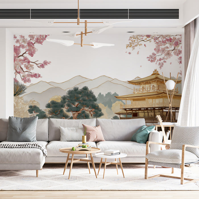 Imperial Gold Pavilion & Pink Blossom Wall Mural | Luxury Oriental Garden & Serene Lakeside Reflection