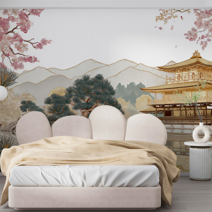Imperial Gold Pavilion & Pink Blossom Wall Mural | Luxury Oriental Garden & Serene Lakeside Reflection