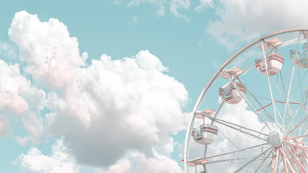 Ethereal Skies Ferris Wheel Wall Mural | Mint Teal Clouds & Refreshing Summer Carnival Art