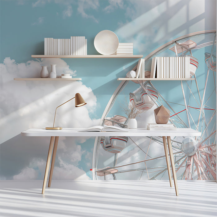 Ethereal Skies Ferris Wheel Wall Mural | Mint Teal Clouds & Refreshing Summer Carnival Art