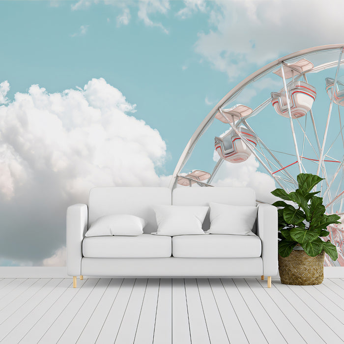 Ethereal Skies Ferris Wheel Wall Mural | Mint Teal Clouds & Refreshing Summer Carnival Art