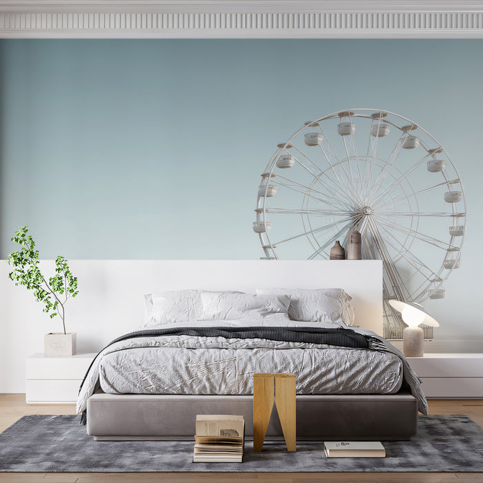 Minimalist Horizon Ferris Wheel Wall Mural | Crisp White Aesthetic & Architectural Geometry Decor