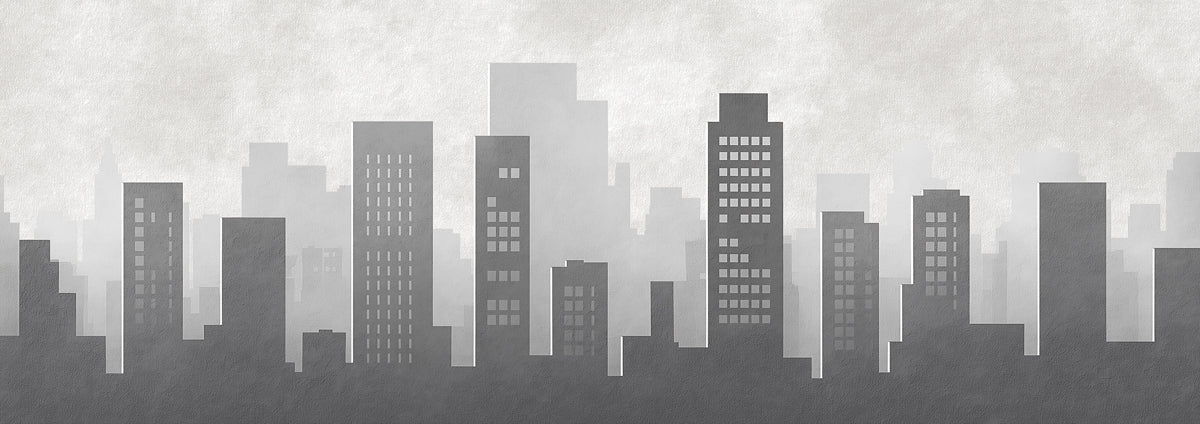 Monochrome Cityscape Silhouette Wall Mural | Modern Urban Skyline & Layered Architectural Shadow Art