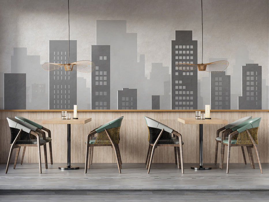 Monochrome Cityscape Silhouette Wall Mural | Modern Urban Skyline & Layered Architectural Shadow Art